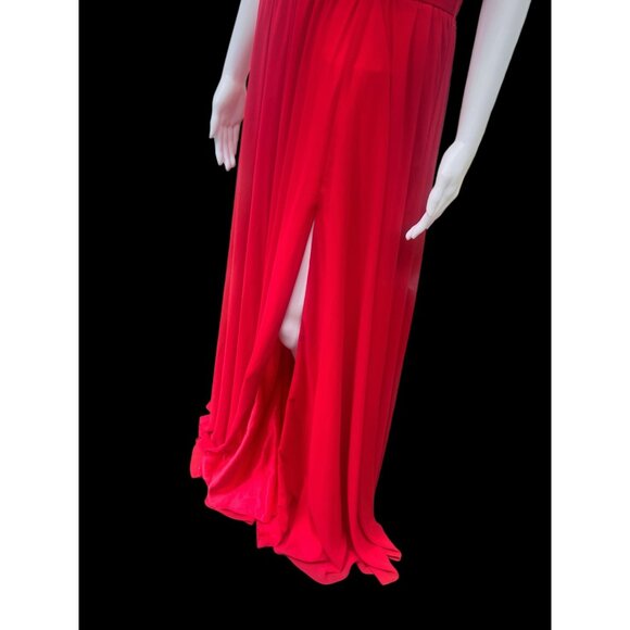 Flowy Red Evening Gown With Pleated V-Neck Bodice Dramatic Shoulder Bows & Back - Picture 7 of 10